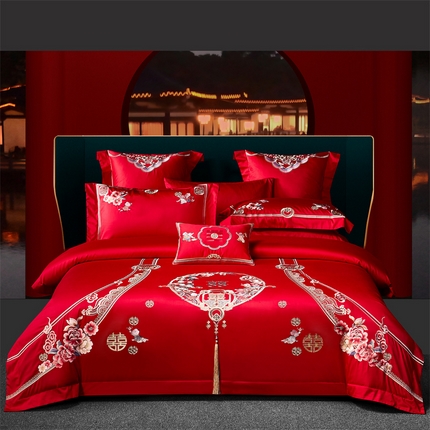 91家纺网 家纺一手货源 找家纺 （总）高大尚 2023新款长绒棉四件套囍嫁系列-八方来喜