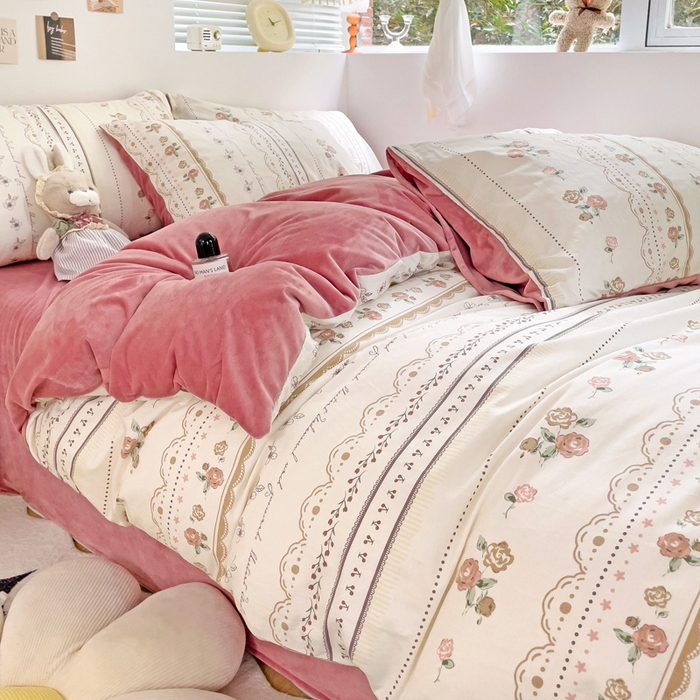 91家纺网 家纺一手货源 找家纺 盛馨家纺 2023新款棉加绒A版高支高密13372全棉加B版加厚宝宝绒牛奶绒床单床笠四件套 暖阳