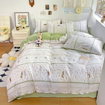 盛馨家纺 2023新款棉加绒A版高支高密13372全棉加B版加厚宝宝绒牛奶绒床单床笠四件套 绿野小兔