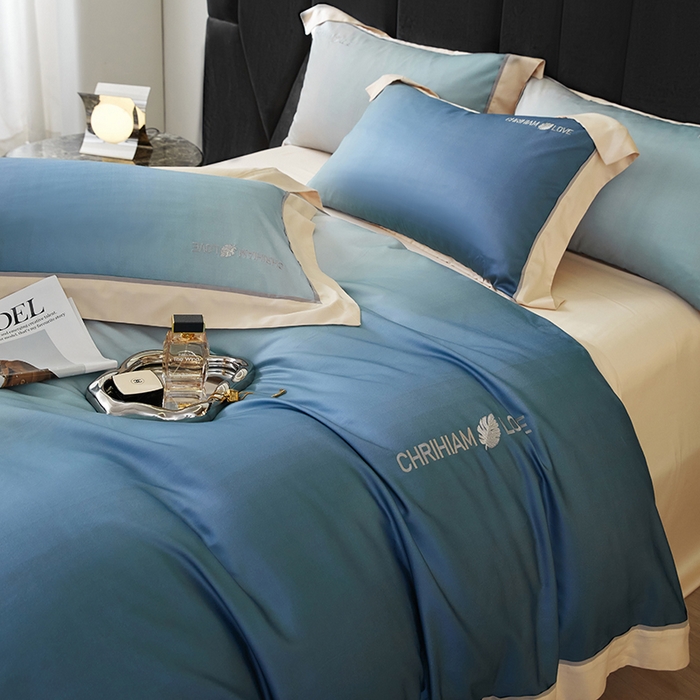 91家纺网 家纺一手货源 找家纺 榻尚家居 2023新款进口澳棉活性数码印花+刺绣四件套--极光系列 静谧蓝