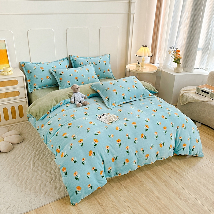 91家纺网 家纺一手货源 找家纺 家贝爱 2023新款加厚牛奶绒四件套 蓝色庄园