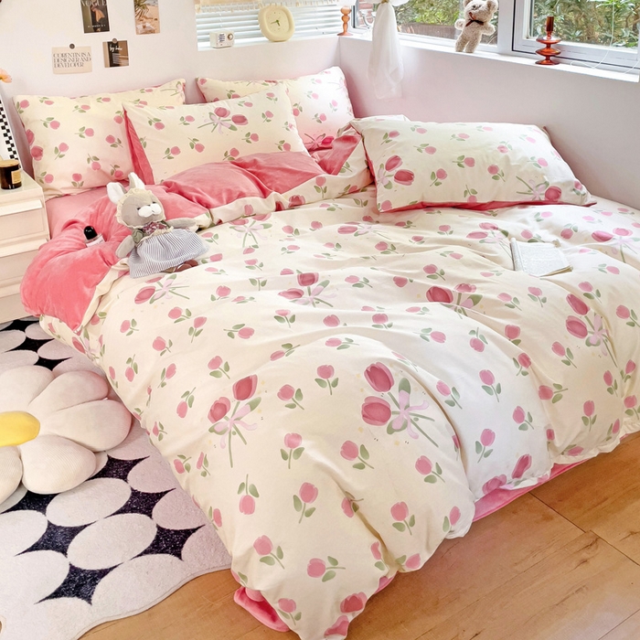 91家纺网 家纺一手货源 找家纺 盛馨家纺 2023新款棉加绒A版高支高密13372全棉加B版加厚宝宝绒牛奶绒床单床笠四件套 玫瑰庄园