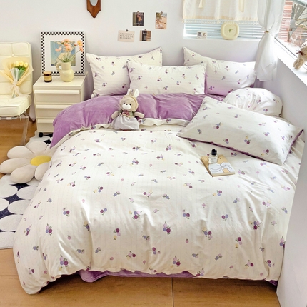 盛馨家纺 2023新款棉加绒A版高支高密13372全棉加B版加厚宝宝绒牛奶绒床单床笠四件套 紫樱桃