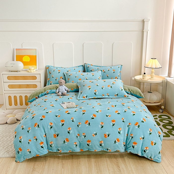 91家纺网 家纺一手货源 找家纺 家贝爱 2023新款加厚牛奶绒四件套 蓝色庄园