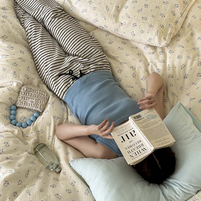 91家纺网 家纺一手货源 找家纺 山舍家居 2023新款全棉双层纱印花四件套 萌萌兔