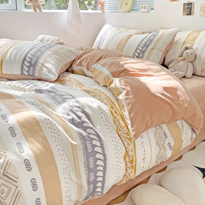 91家纺网 家纺一手货源 找家纺 盛馨家纺 2023新款棉加绒A版高支高密13372全棉加B版加厚宝宝绒牛奶绒床单床笠四件套 波西米亚