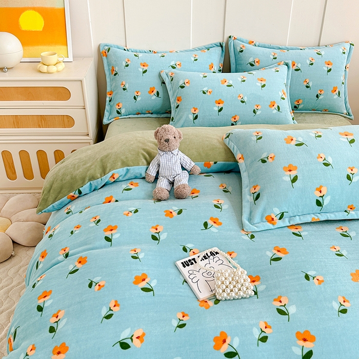 91家纺网 家纺一手货源 找家纺 家贝爱 2023新款加厚牛奶绒四件套 蓝色庄园