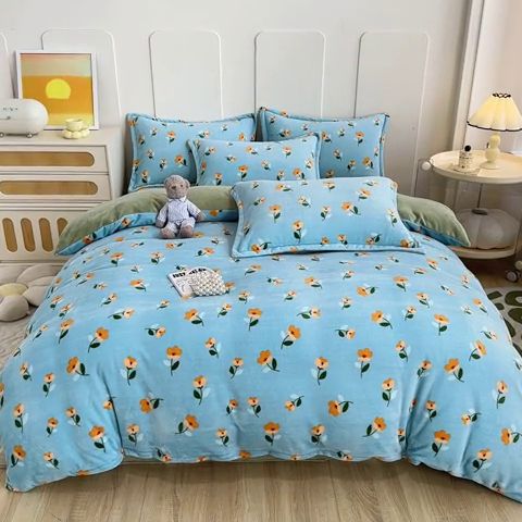 91家纺网 家纺一手货源 找家纺 家贝爱 2023新款加厚牛奶绒四件套 蓝色庄园