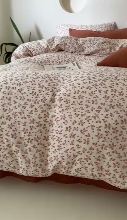 91家纺网 家纺一手货源 找家纺 山舍家居 2023新款全棉双层纱印花四件套 橘络