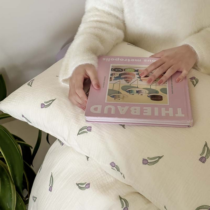 91家纺网 家纺一手货源 找家纺 山舍家居 2023新款全棉双层纱印花四件套 紫色郁金香