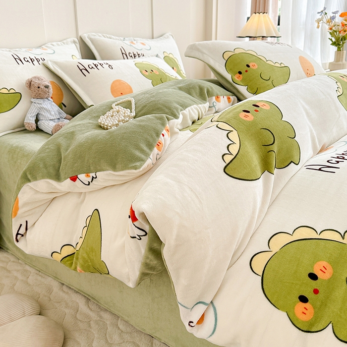 91家纺网 家纺一手货源 找家纺 家贝爱 2023新款加厚牛奶绒四件套 欢乐恐龙