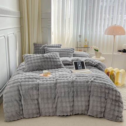91家纺网 家纺一手货源 找家纺 昊川 2024新款兔毛绒牛奶绒加厚保暖四件套 雅致灰
