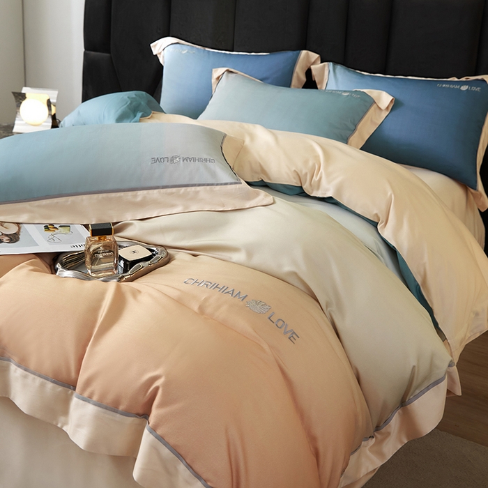 91家纺网 家纺一手货源 找家纺 榻尚家居 2023新款进口澳棉活性数码印花+刺绣四件套--极光系列 日落黄