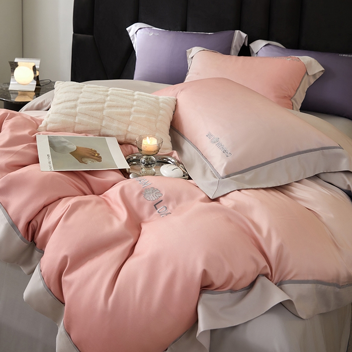 91家纺网 家纺一手货源 找家纺 榻尚家居 2023新款进口澳棉活性数码印花+刺绣四件套--极光系列 流珠粉