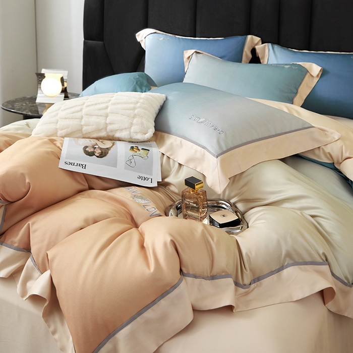 91家纺网 家纺一手货源 找家纺 榻尚家居 2023新款进口澳棉活性数码印花+刺绣四件套--极光系列 日落黄