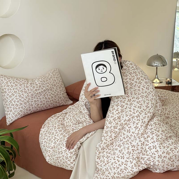 91家纺网 家纺一手货源 找家纺 山舍家居 2023新款全棉双层纱印花四件套 橘络