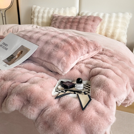 寐居家纺 2023新款高克重大泡泡兔毛绒四件套系列 粉豆沙