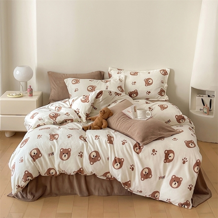 时光里 2023新款全消光加厚牛奶绒印花单被套 可爱熊