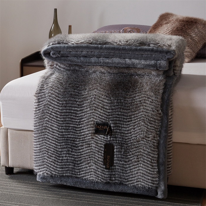 91家纺网 家纺一手货源 找家纺 凯轩毛毛毯毯子网销专供 23新款芭莎仿毛皮毛毯毯子 花纹灰