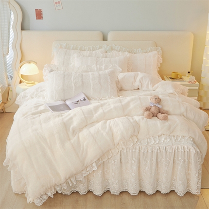 宜凡家纺 2023新款高克重兔绒牛奶绒床裙三件套 方格纹 奶白