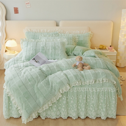 宜凡家纺 2023新款高克重兔绒牛奶绒床裙三件套 方格纹-天青色