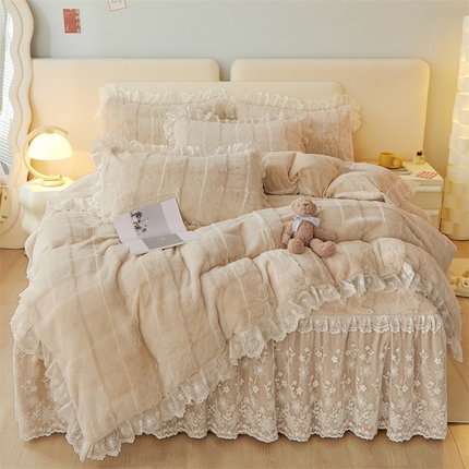 宜凡家纺 2023新款高克重兔绒牛奶绒床裙三件套 方格纹-驼色