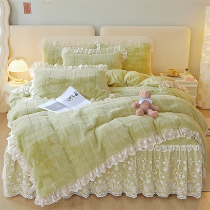 宜凡家纺 2023新款高克重兔绒牛奶绒床裙三件套 方格纹-艾草绿