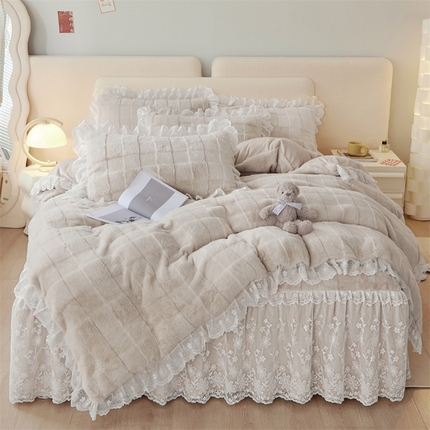 宜凡家纺 2023新款高克重兔绒牛奶绒床裙四件套 方格纹 时尚灰