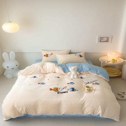 沐棉 2023新款高克重牛奶绒毛巾绣四件套 嘟嘟鱼