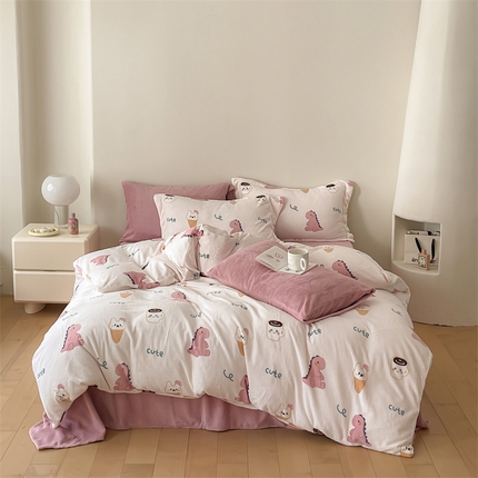 时光里 2023新款全消光加厚牛奶绒印花单被套 恐龙宝宝-粉