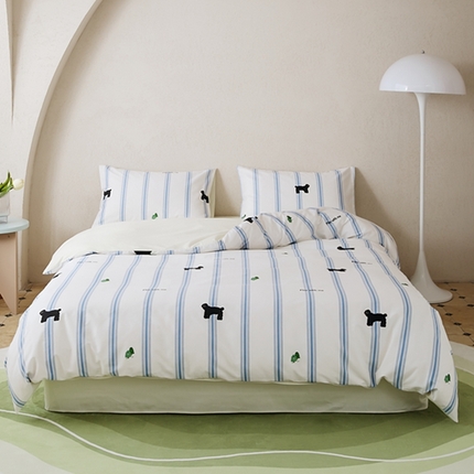 91家纺网 家纺一手货源 找家纺 原研家居 2023新款40支全棉13070印花四件套-野兽派系列 蓝条狗