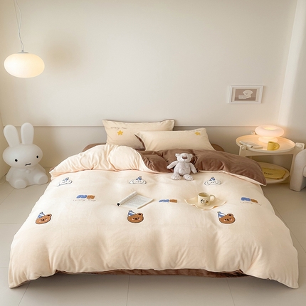 沐棉 2023新款高克重牛奶绒毛巾绣四件套 开心派对-咖