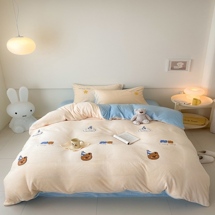 沐棉 2023新款高克重牛奶绒毛巾绣四件套 开心派对-兰