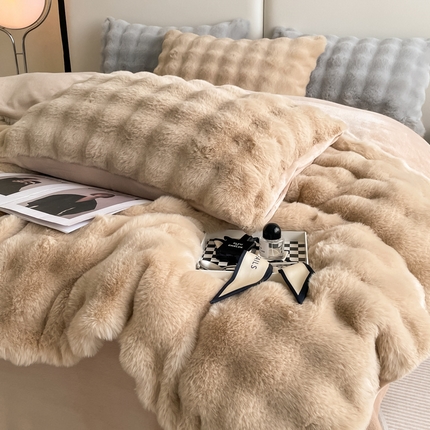 寐居家纺 2023新款高克重大泡泡兔毛绒四件套系列 奶茶色