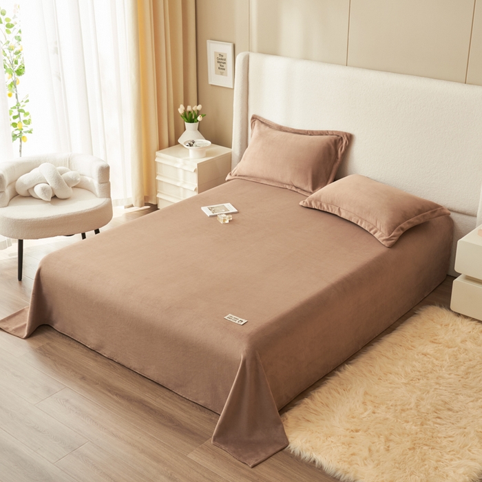 91家纺网 家纺一手货源 找家纺 艾佳 2025新款高克重加厚保暖牛奶绒床单 牛奶绒咖