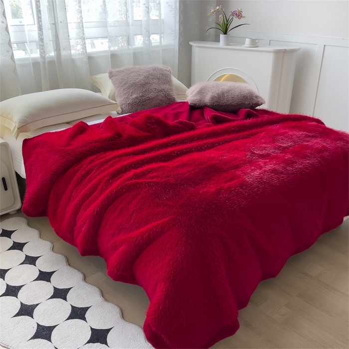 91家纺网 家纺一手货源 找家纺 凯轩毛毛毯毯子网销专供 2024新款公主貂仿皮草毛毯毯子终版 中国红
