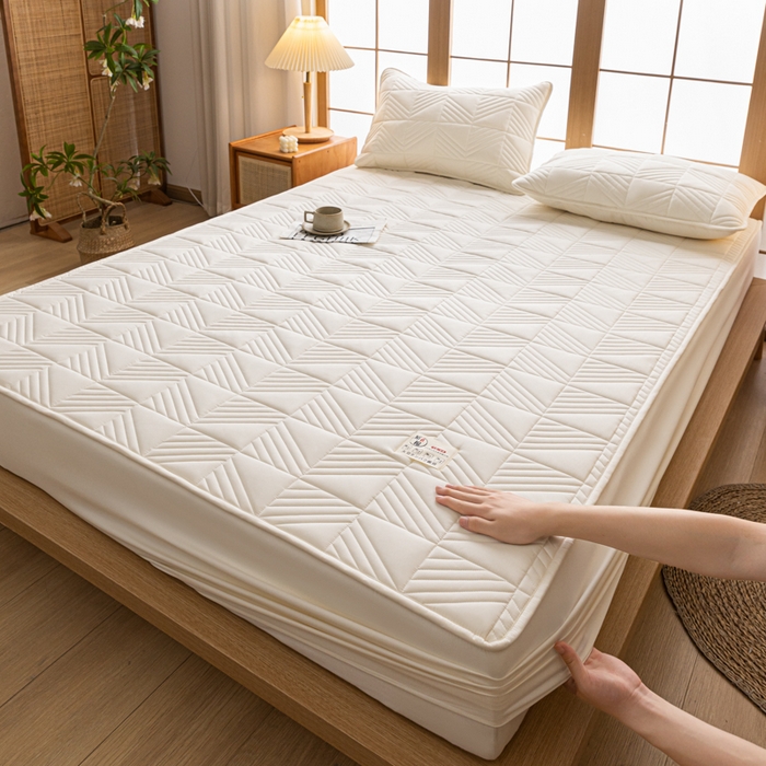 91家纺网 家纺一手货源 找家纺 米粒家纺 2023新款A类大豆纤维夹棉床笠系列 格调-白