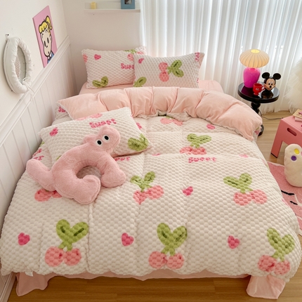 91家纺网 家纺一手货源 找家纺 （总）顾里家纺 2023新款ins韩风牛奶豆豆绒奶油色系四件套