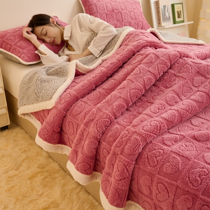 21度C 2023新款爱心舒棉绒复合毯盖毯毛毯 爱心包边款-玫红
