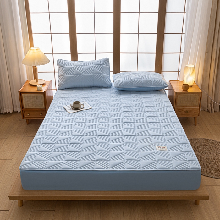 91家纺网 家纺一手货源 找家纺 米粒家纺 2023新款A类大豆纤维夹棉床笠系列 格调-蓝