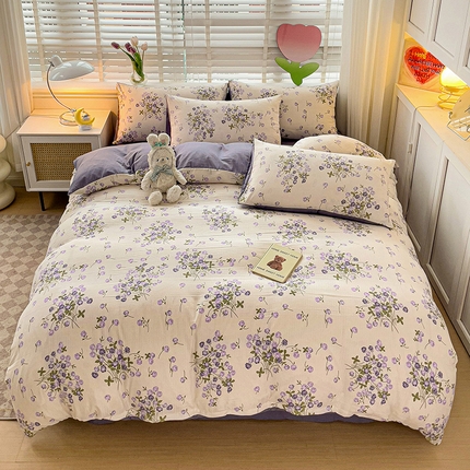 91家纺网 家纺一手货源 找家纺 王朝国际 2025新款双层纱有氧提花有氧双层纱碎花四件套紫熏