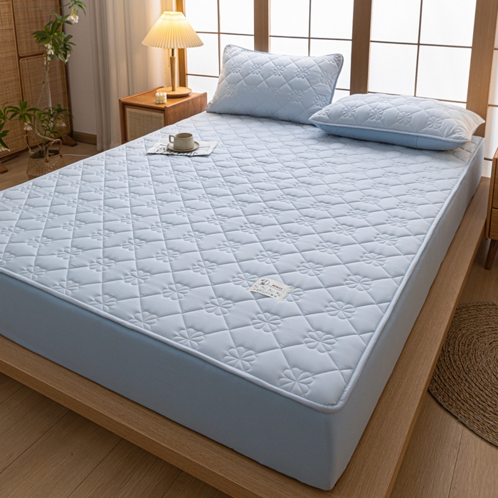 91家纺网 家纺一手货源 找家纺 米粒家纺 2023新款A类大豆纤维夹棉床笠系列 幸运花-蓝