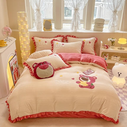 91家纺网 家纺一手货源 找家纺 沐辰 2023新款韩版绣花加厚牛奶绒四套件 甜心熊