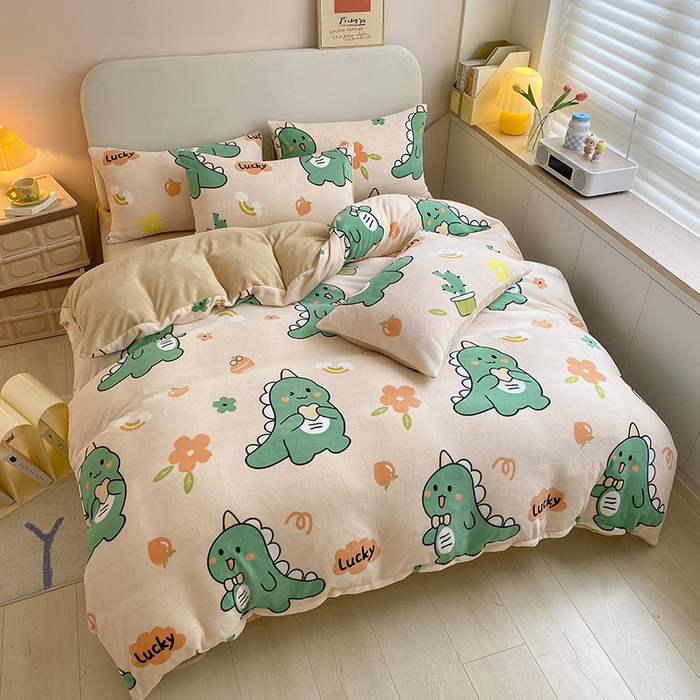 91家纺网 家纺一手货源 找家纺 沐辰 2023新款牛奶绒印花四件套 爱心恐龙