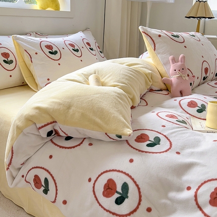 山茶家纺2023新款高克重印花牛奶绒四件套 郁金香波点