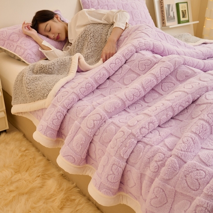 21度C 2023新款爱心舒棉绒复合毯盖毯毛毯 爱心包边款-香紫