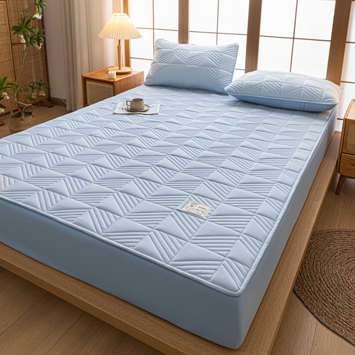 91家纺网 家纺一手货源 找家纺 米粒家纺 2023新款A类大豆纤维夹棉床笠系列 格调-蓝