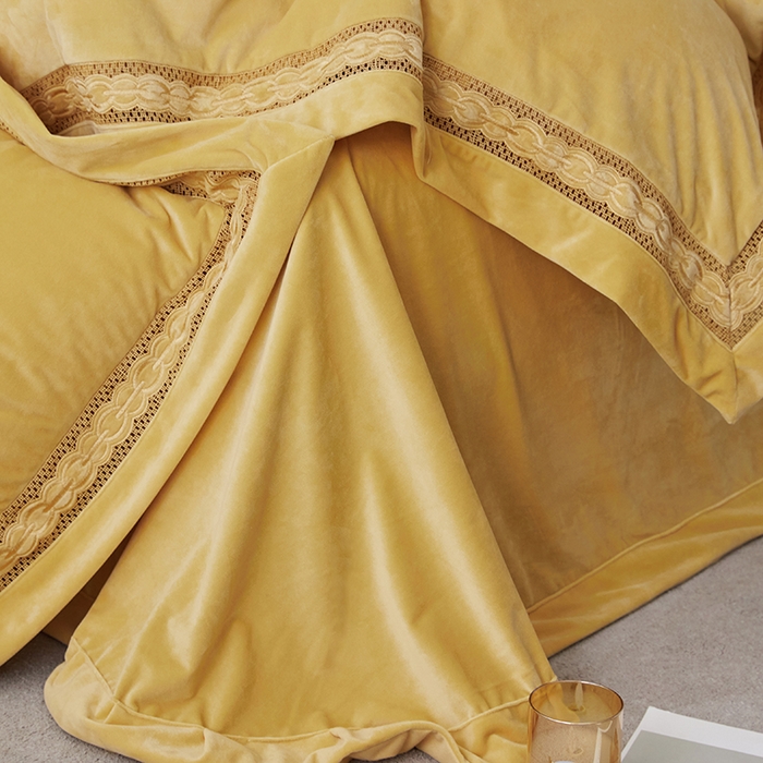 91家纺网 家纺一手货源 找家纺 榻尚 2023婴肤绒镂空设计拼边工艺款四件套--佳梦系列 佳梦-黄