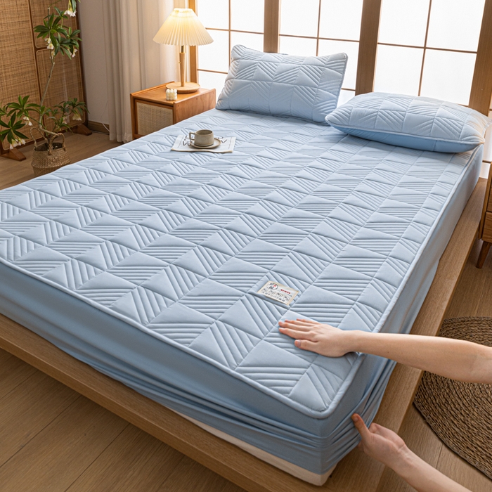 91家纺网 家纺一手货源 找家纺 米粒家纺 2023新款A类大豆纤维夹棉床笠系列 格调-蓝