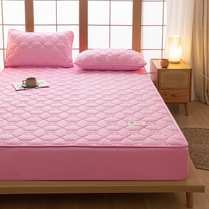 91家纺网 家纺一手货源 找家纺 米粒家纺 2023新款A类大豆纤维夹棉床笠系列 幸运花-粉